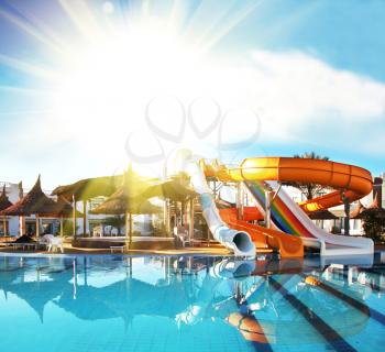 Royalty Free Photo of a Pool and Water Slides