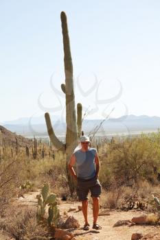Royalty Free Photo of a Tourist Standing By a Cactus