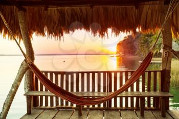 Sunset scene at the lake Peten Itza, Guatemala. Central America.