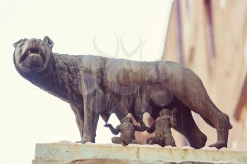 The statue of Capitoline Wolves suckling Romulus and Remus in Rome, Italy