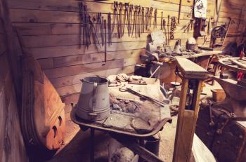 Tools in old workshop interior