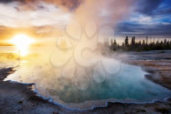 Wooden boardwalk along geyser fields  in Yellowstone National Park, USA