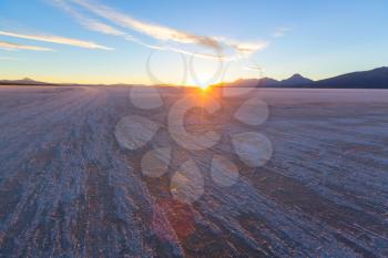Landscape of the Uyuni Salt Flats at sunrise, Bolivia. Unusual natural background