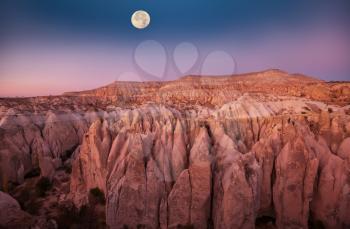 Unusual rock formation in famous Cappadocia, Turkey in moonlight