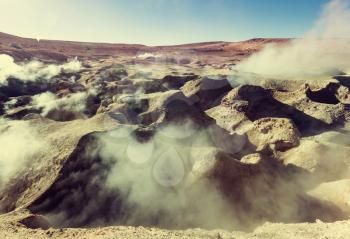 Fantastic Southamerican  landscapes.Deserts,volcanoes,geysers. Geyser Sol de Manana, Bolivia.
