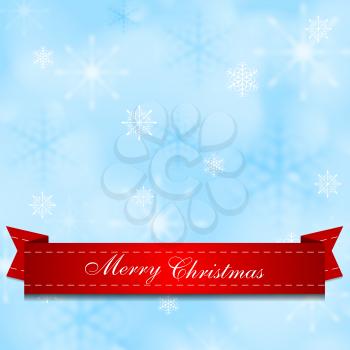 Light shiny blue background with red ribbon. Vector Christmas design