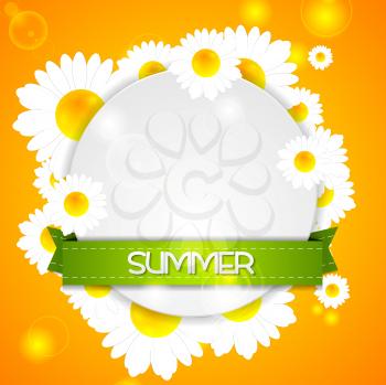 Summer design. Camomiles and ribbon on white circle