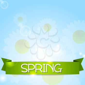 Spring design. Camomiles and ribbon on sunshine backdrop