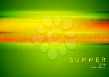 Abstract bright green summer background with orange stripes and camomiles. Vector design