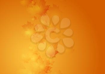 Autumn orange gradient background with blurred maple leaves. Vector design