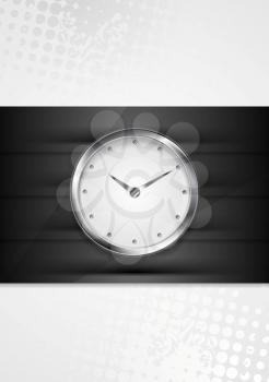 Silver wall clock on black stripes. Vector abstract background