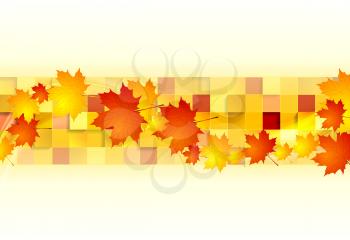 Red orange maple leaves on geometric squares background. Vector autumn design