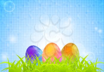 Green grass and polygonal Easter eggs on blue squares background. Vector greeting card graphic design