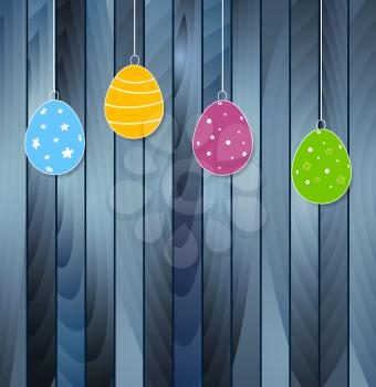 Flat bright eggs on blue wooden texture background. Vector Easter holiday greeting card design