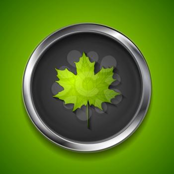 Green summer maple leaf on metal button. Vector summer symbol graphic design