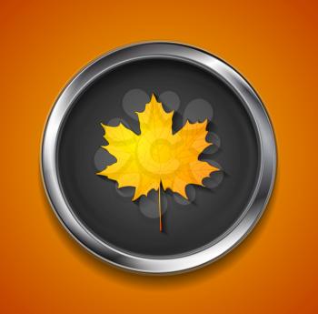 Orange autumn maple leaf on metal button. Vector fall symbol graphic design