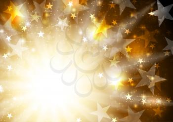 Glowing orange golden background with stars and beams. Vector celebration bright graphic design