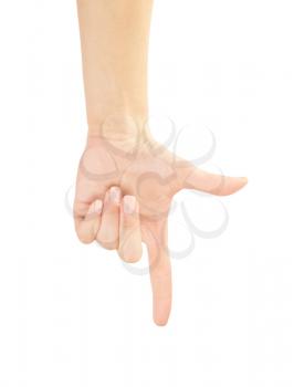 Hand pointing, touching or pressing isolated on white. Caucasian female.