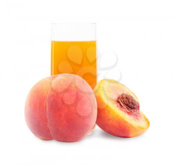 Peach fruit juice in glass isolated on white background 