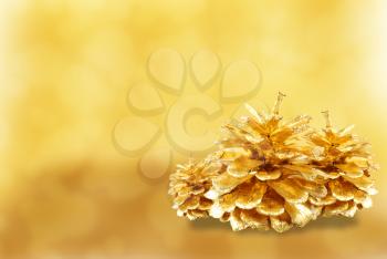 Golden pine cone isolated on white