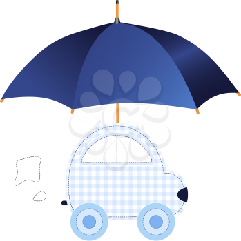 Royalty Free Clipart Image of a Blue Checkered Car Under an Umbrella