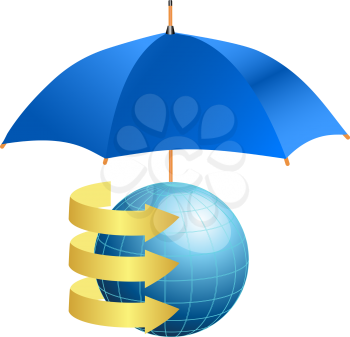 Royalty Free Clipart Image of a Globe With Arrows Under an Umbrella