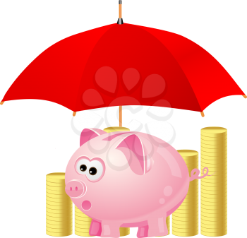 Royalty Free Clipart Image of a Piggy Bank and Coins Under a Red Umbrella