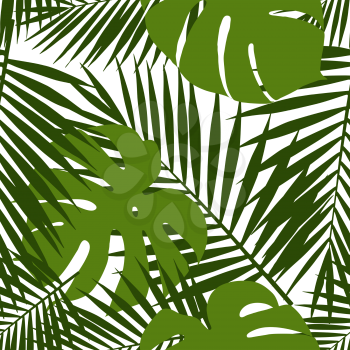 Palm leaf and monstera silhouettes seamless pattern. Vector illustration. Tropical leaves.