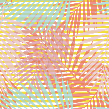 Living coral striped tropical palm leaves seamless pattern. Vector illustration.