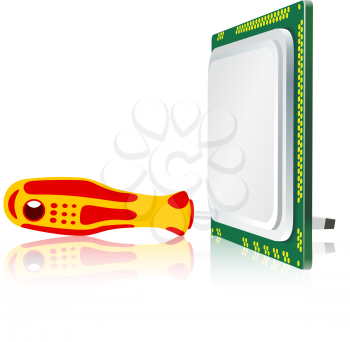 Royalty Free Clipart Image of a Screwdriver and Computer Processor
