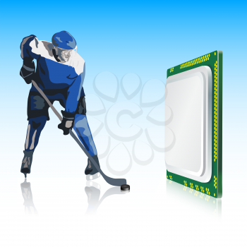Royalty Free Clipart Image of a Hockey Player and Computer Processor
