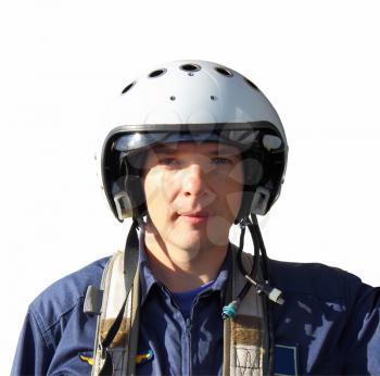 The military pilot in a helmet in dark blue overalls separately on a white background