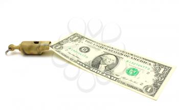 Simple plastic whistle lies near to dollar a denomination on a white background