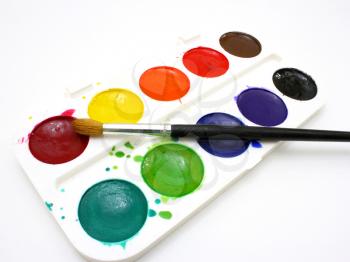 Dirty watercolor paints set with brushes after using