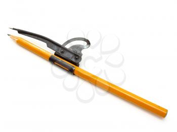 The yellow ground pencil lies is isolated on a snow-white background
