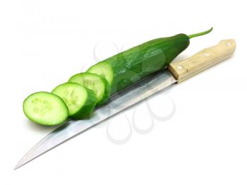 Fresh sausage and cucumber lie nearby on a white background