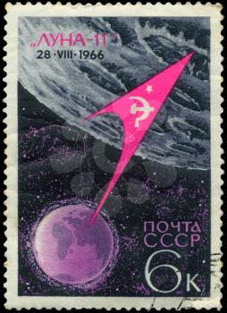 USSR - CIRCA 1966: stamp printed in the USSR  shows Luna-11 - rocket flight to the moon with inscription “Luna-11, 28 VIII 1966”,  circa 1966