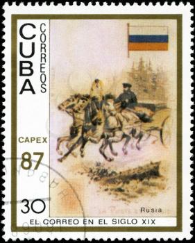 CUBA - CIRCA 1987: A stamp printed in the Cuba, shows traditional old vehicles. Russian troika, circa 1987