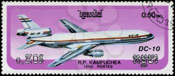 CAMBODIA - CIRCA 1986: stamp printed by Cambodia, shows airplane DC-10, circa 1986.