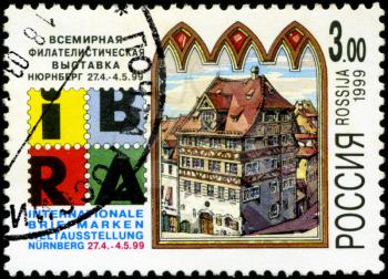 RUSSIA - CIRCA 1999: A stamp printed in Russia shows image of the dedicated to The  World Exhibition of postage stamps - International Philatelic Exhibition, held in Nuremberg, circa 1999.