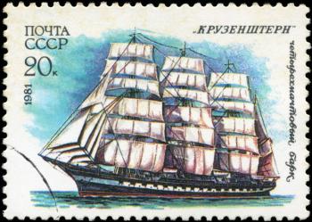 USSR- CIRCA 1981: a stamp printed by USSR, shows  russian sailing four masted barque  Krusenstern , series, circa 1981.