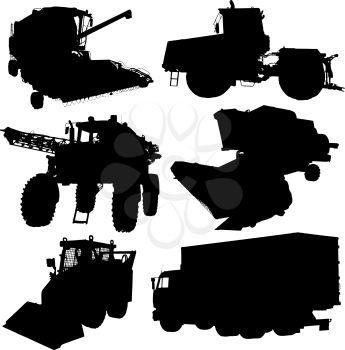Agricultural vehicles silhouettes set. Vector illustration.