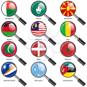 Set  Flags of world sovereign states Magnifying glass. Vector illustration. Set number 10. Exact colors. Easy changes.