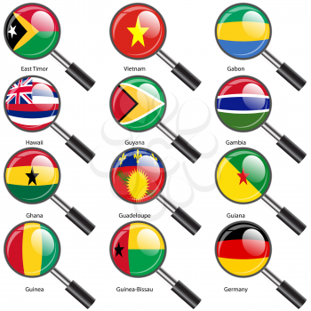 Set  Flags of world sovereign states Magnifying glass. Vector illustration. Set number 4. Exact colors. Easy changes.