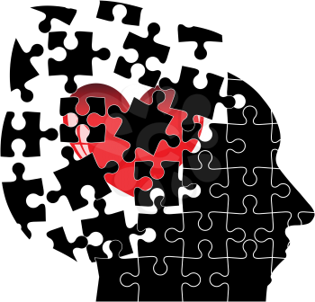 Jigsaw Puzzle head man with a heart shatters into pieces. Vector illustration.