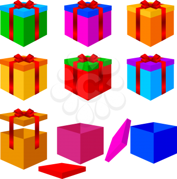 Collection of colorful box christmas gifts with ribbons. Vector illustration.