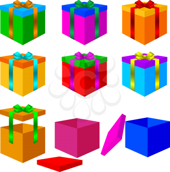 Collection of colorful box christmas gifts with Bow. Vector illustration.