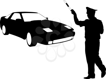Silhouette, police stopped a car with a rod. Vector illustration.