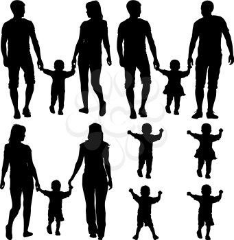 Black silhouettes Gay, lesbian couples and family with children on white background. Vector illustration.