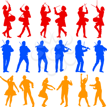 Color silhouettes of beautiful mans and womans. Drummer, violinist and acrobat on white background. Vector illustration.